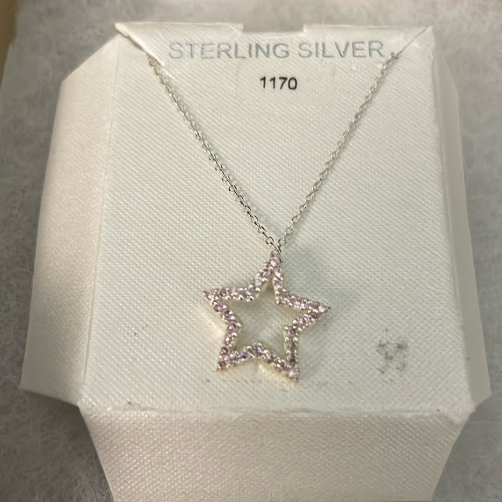 Never worn 16 inch Sterling Silver Necklace with Pink Rhinestone Star
